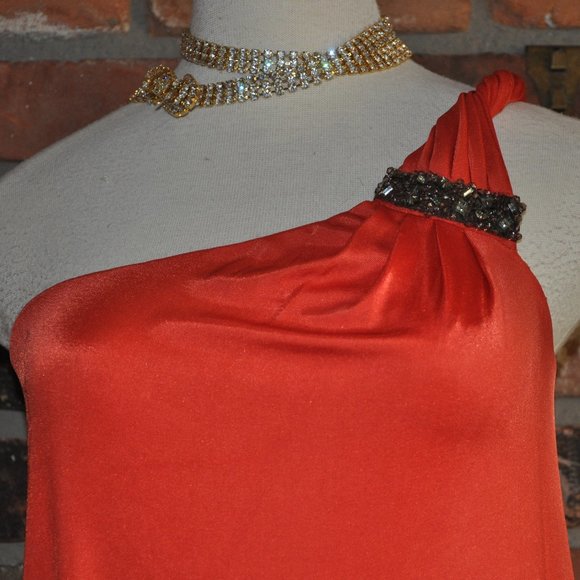 BCBGMaxAzria Scarlet 1 Shoulder Black Jeweled Draped, bubble hem Mini Dress XS-S - Picture 2 of 4